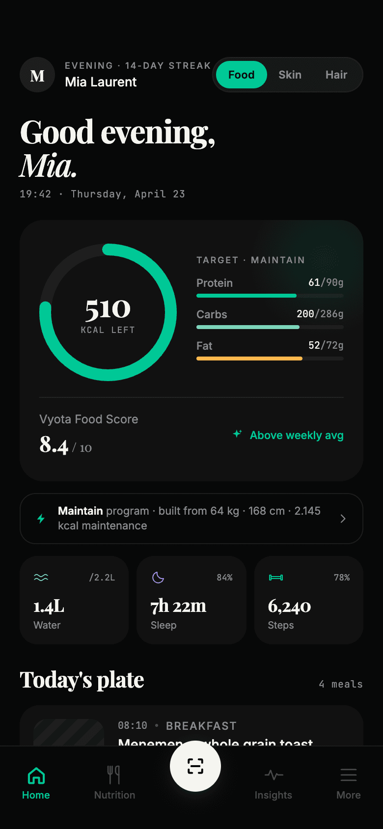 Nutrition home screen