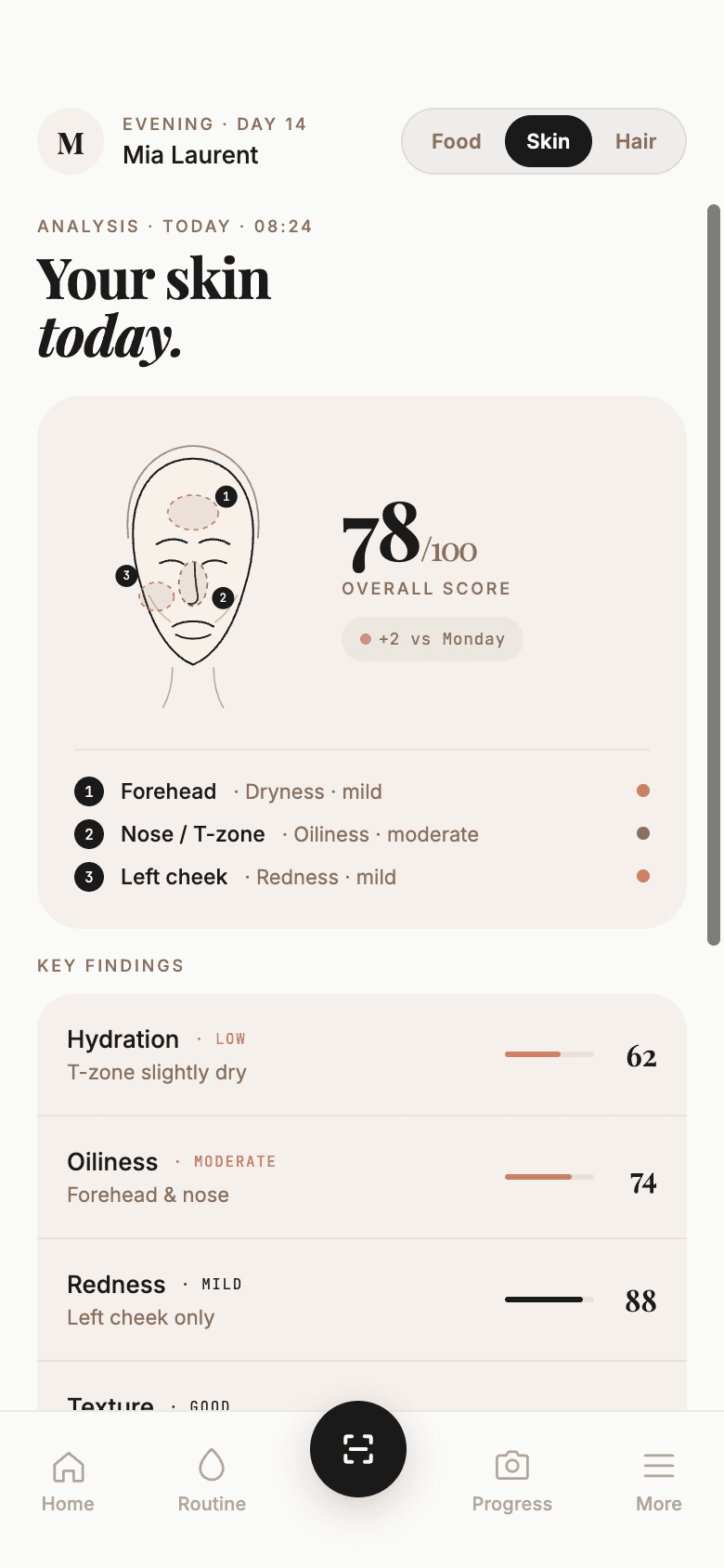Skin analysis screen